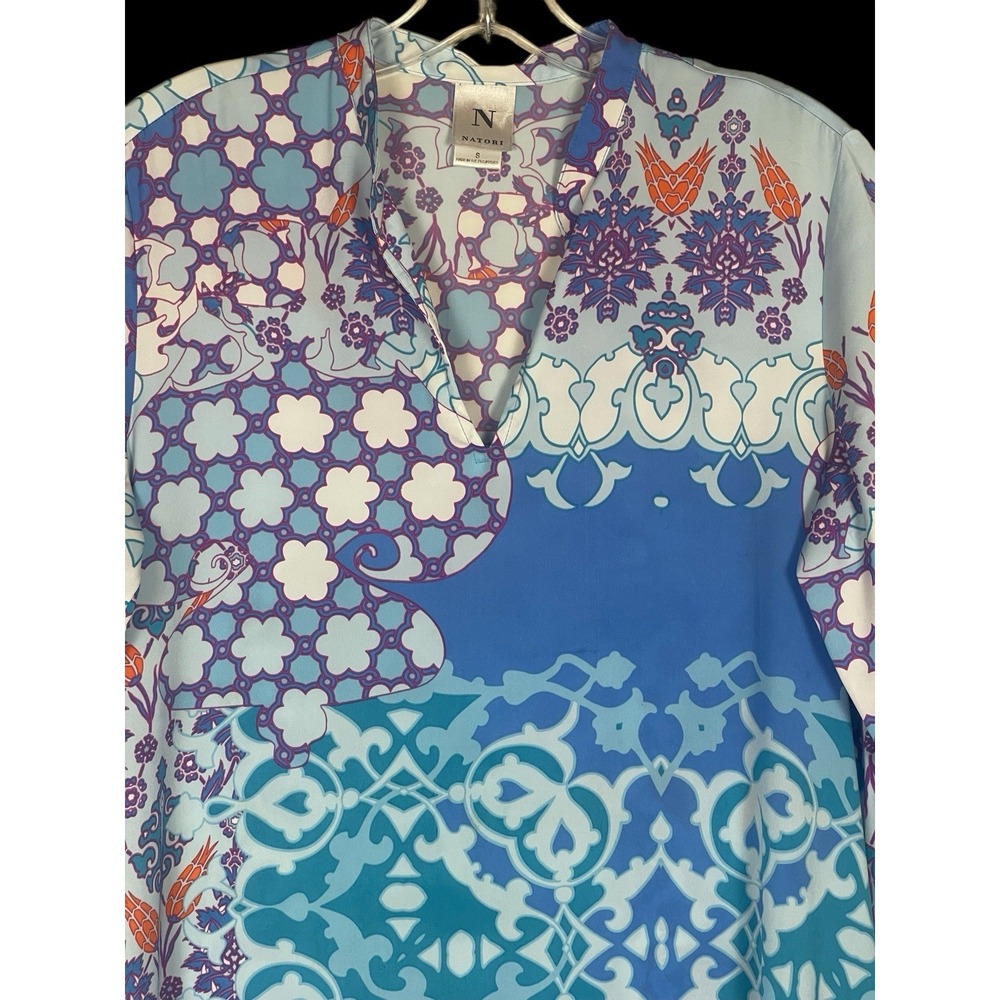 Natori Abstract Floral Blue Kaftan Maxi Dress Womens S Satin Lounge Resort Beach - Picture 3 of 9